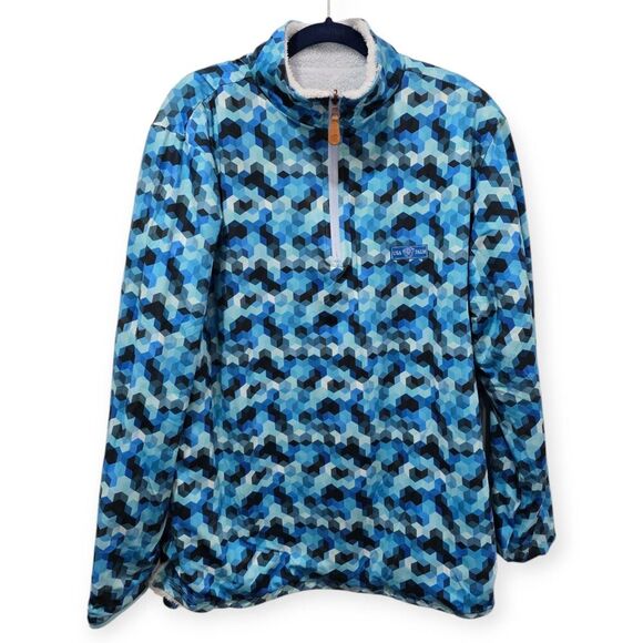 USA Palm Size L Reversible 1/4 Zip Sherpa Cloud Pullover Blue Geometric Golf